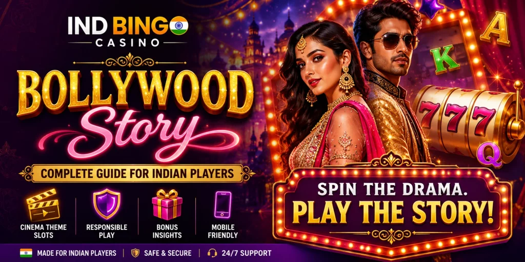 Bollywood Story slot guide banner for Ind Bingo Casino with Indian cinema theme, neon casino lights, slot symbols, glamorous characters, and responsible play elements.