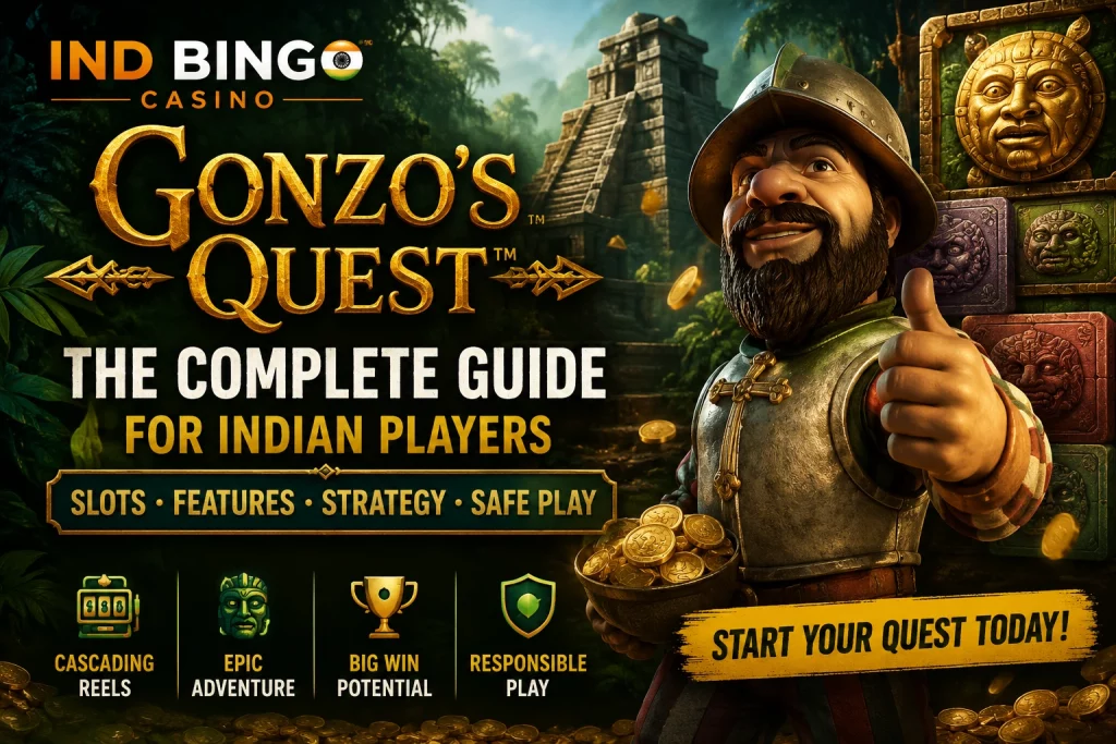 Gonzo’s Quest guide banner for Ind Bingo Casino with jungle temple background, explorer character, slot icons, gold coins, and Indian player theme.