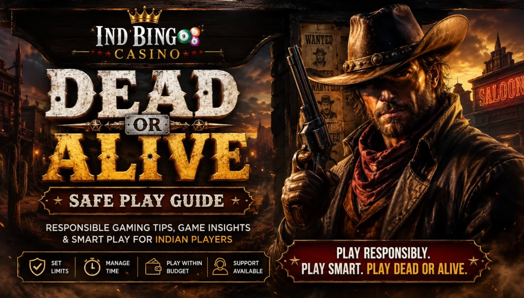 Dead or Alive Safe Play Guide banner for Ind Bingo Casino with Wild West casino theme, cowboy character, dramatic gold title, and responsible gaming icons for Indian players.