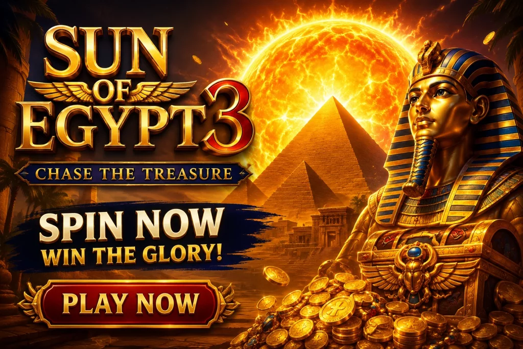 Sun of Egypt 3 casino banner with golden Egyptian sun, pyramids, pharaoh statue, treasure coins, and bold spin-now call-to-action.