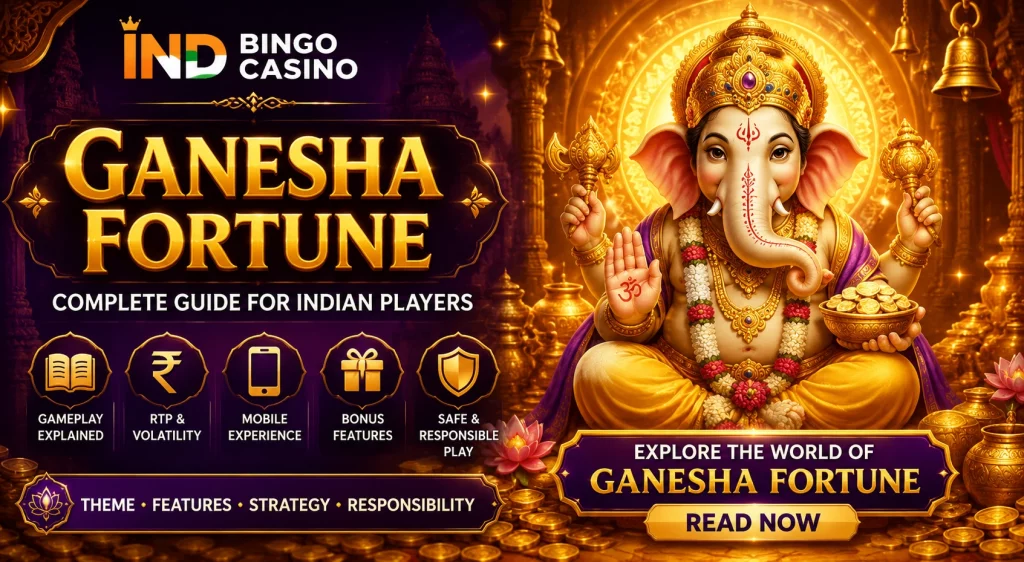 Ganesha Fortune guide banner for Indian players on Ind Bingo Casino with gold temple visuals, slot-style icons, RTP, mobile experience and responsible play themes