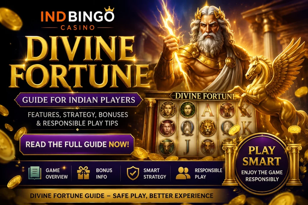 Divine Fortune guide banner for Ind Bingo Casino with mythological gold-and-purple casino theme, divine figure, slot reels, coins, and responsible play elements for Indian players.