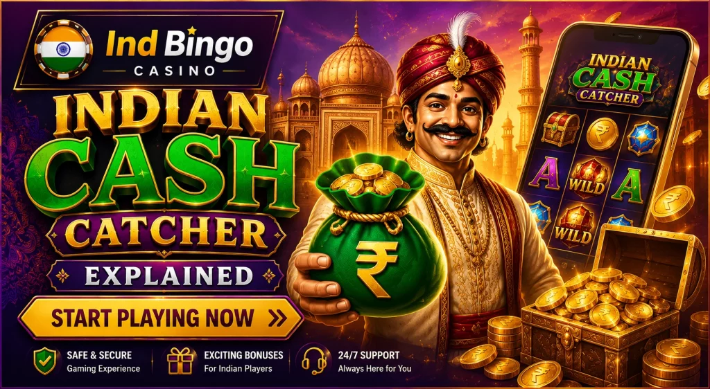 Indian Cash Catcher Explained banner for Ind Bingo Casino with India-themed slot screen, rupee symbols, gold coins, festive palace background, and start-playing-now call-to-action.