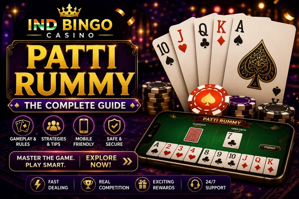 Patti Rummy guide banner for Ind Bingo Casino with playing cards, casino chips, mobile card table, gold typography and Indian card-game theme