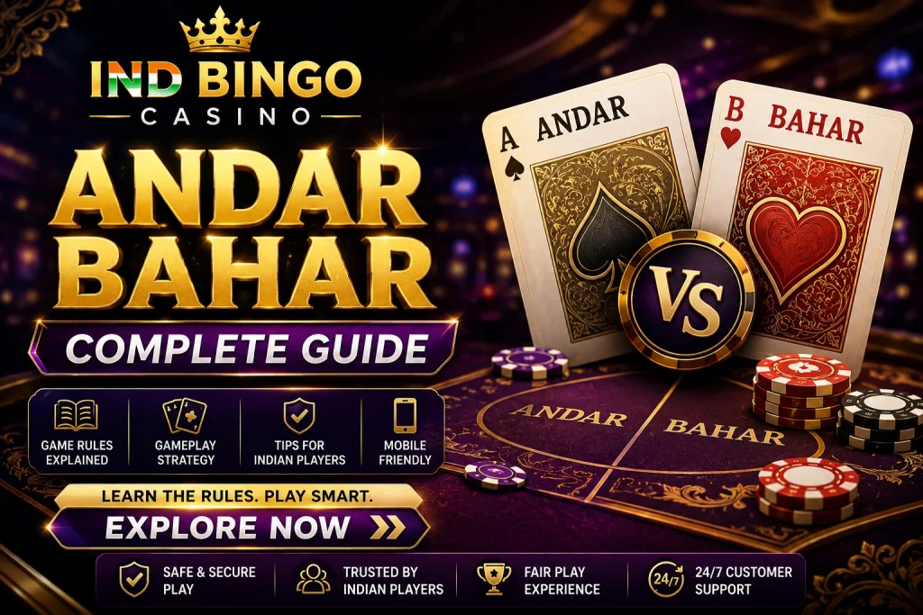 Andar Bahar guide banner for Ind Bingo Casino with Indian card game table, Andar and Bahar cards, casino chips, gold lettering and mobile gameplay theme
