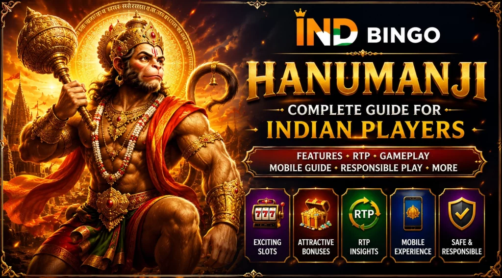 Ind Bingo Casino banner for Hanumanji guide for Indian players with mythological Hanuman artwork, slot icons, RTP, mobile guide and responsible play themes