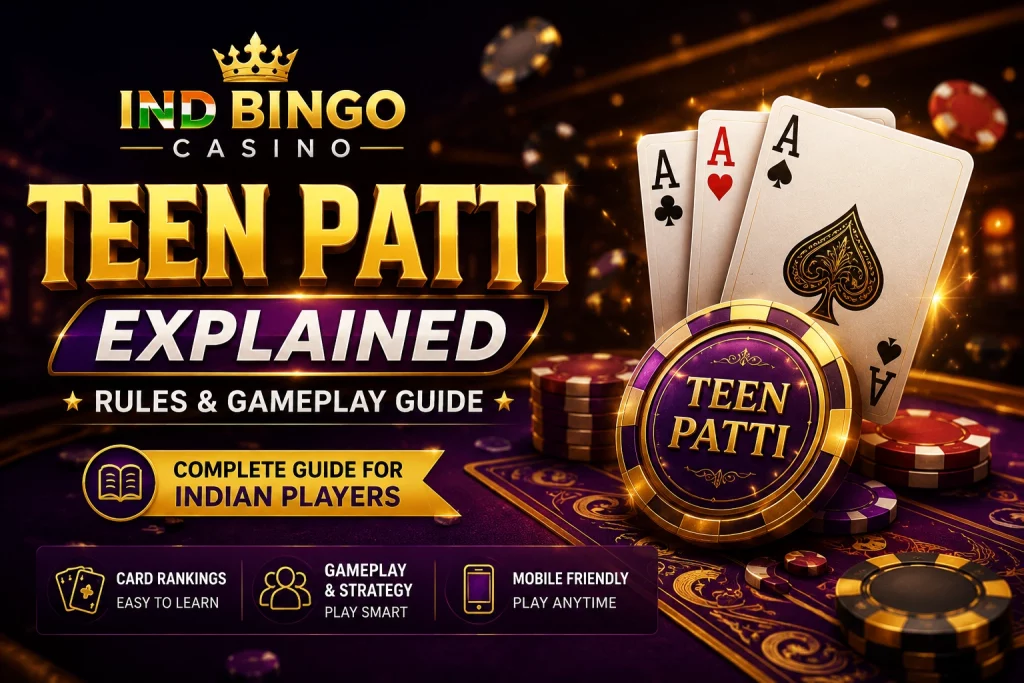 Teen Patti guide banner for Ind Bingo Casino with playing cards, casino chips, gold and purple gaming design, Indian player focus and gameplay explanation theme